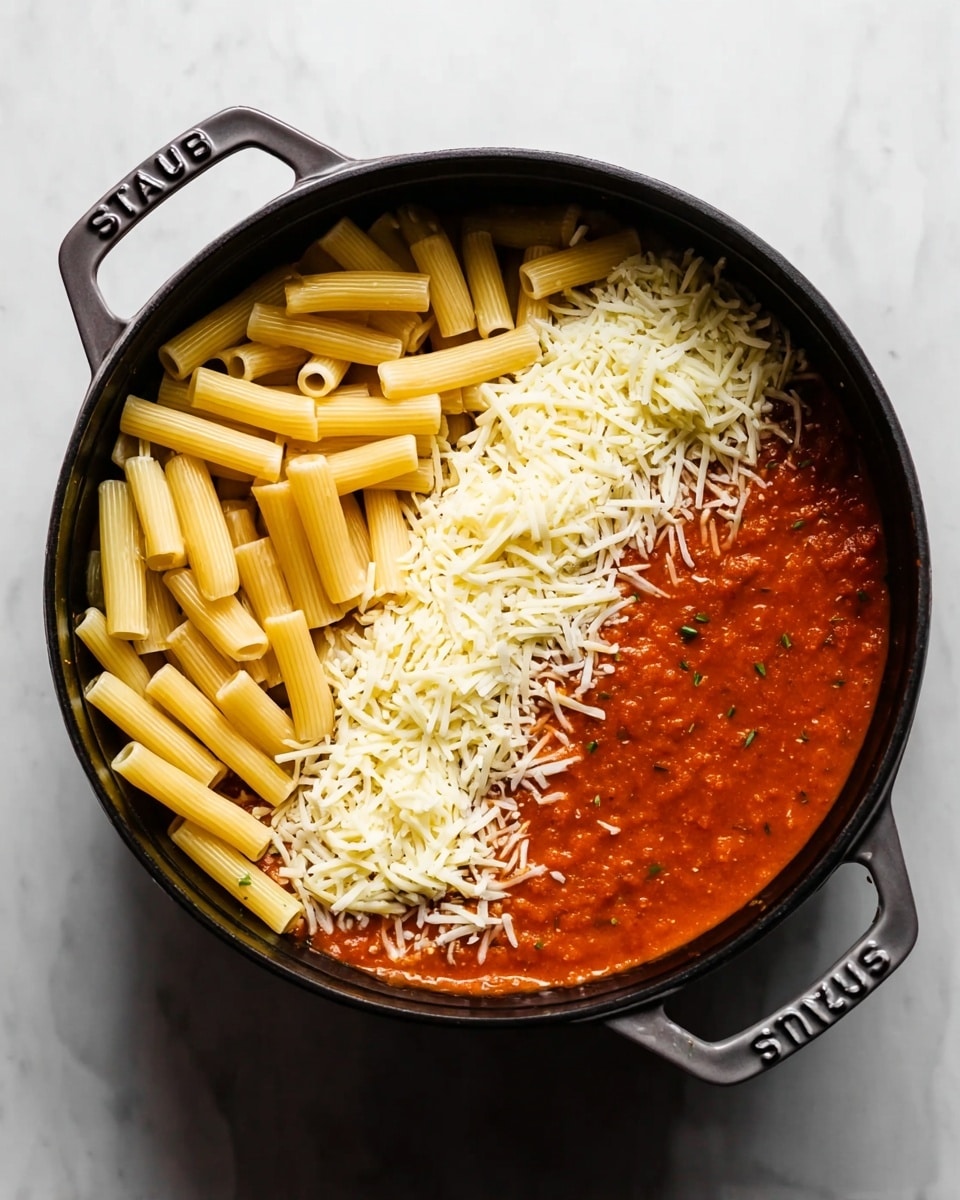 A black round pan with handles on both sides sits on a white marbled surface. Inside the pan, three different layers are visible: on the right side, a smooth red tomato sauce fills about one third of the pan; next to it, a pile of thick, pale yellow pasta tubes lies in the middle; and on the top, shredded white cheese covers part of the pasta and sauce, adding a soft texture. The layers are separate but filling the pan evenly. Photo taken with an iphone --ar 4:5 --v 7