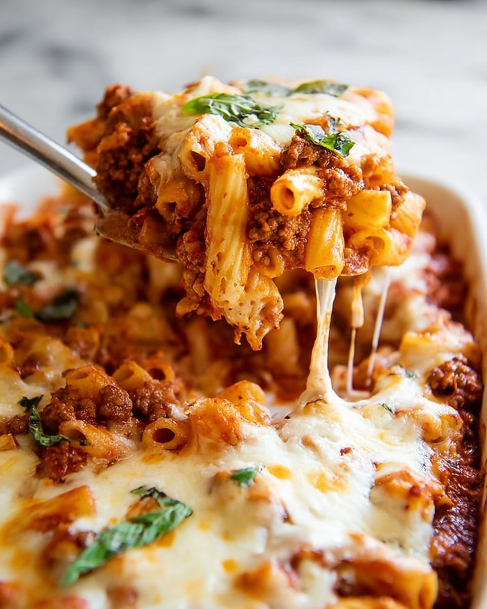 The image shows a white rectangular baking dish filled with baked pasta. The top layer consists of orange pasta tubes mixed with browned ground meat and melted white cheese, which is slightly browned in some spots. Fresh green basil leaves are scattered on top, adding a pop of color. A wooden spoon is placed inside the dish, lifting some pasta from the corner. In the background, there is a small white bowl with grated cheese and a small white bowl with red chili flakes, all set on a white marbled surface. Photo taken with an iphone --ar 4:5 --v 7