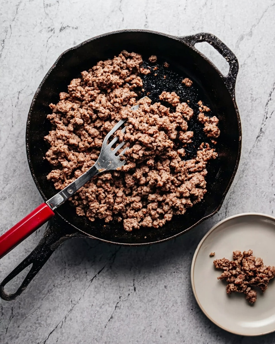 The image shows a black cast iron pan filled with cooked ground meat that is brown and crumbly. A silver spatula with a red handle is lifting some of the meat from the pan. To the upper right, there is a white plate with a small amount of the same cooked ground meat. The pan and plate are placed on a white marbled surface. The photo is taken from above, capturing the textures of the cooked meat and the kitchen tools. photo taken with an iphone --ar 4:5 --v 7
