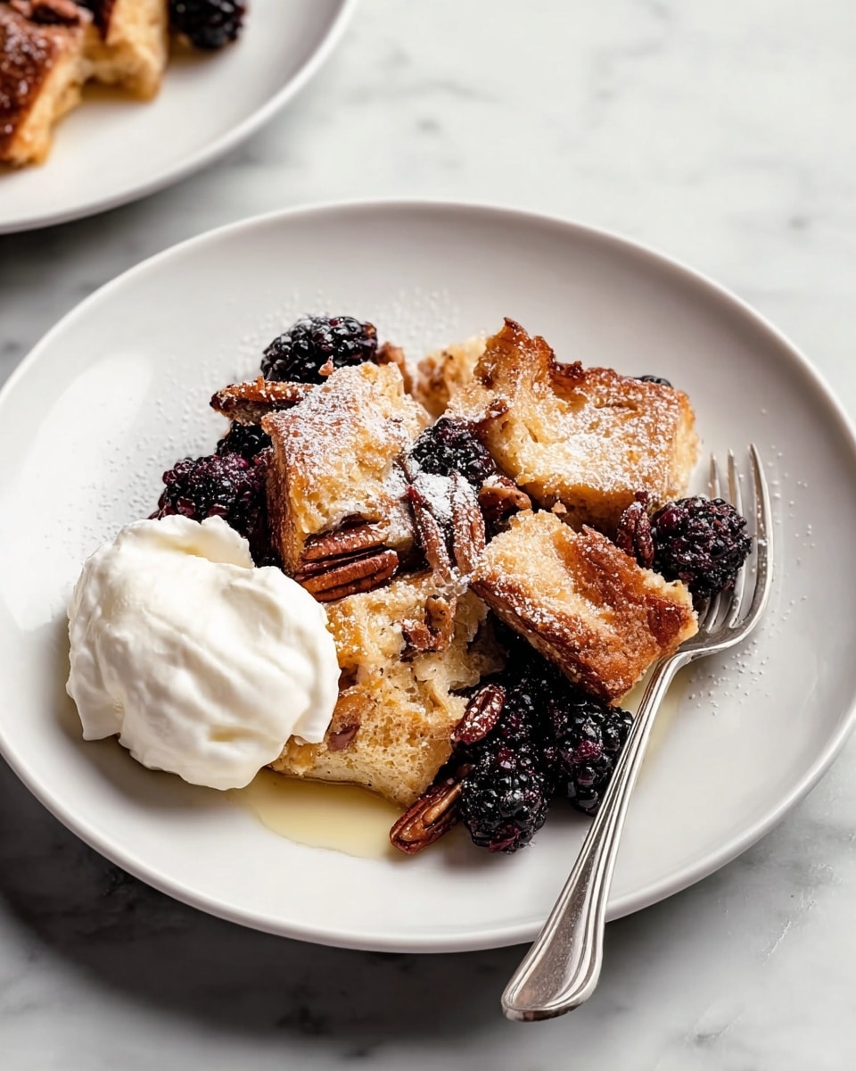 A white rectangular baking dish filled with a layered bread pudding made of large, toasted bread chunks that are golden brown and slightly crispy on top. The bread pieces are scattered with dark brown pecans and dusted lightly with white powdered sugar. There are three dollops of creamy white whipped topping spaced evenly, each topped with shiny black blackberries. The dish sits on a white marbled surface, with a white plate of blackberries and another white bowl holding extra pecans nearby. A silver spoon lies on a dark gray cloth next to the dish. photo taken with an iphone --ar 4:5 --v 7