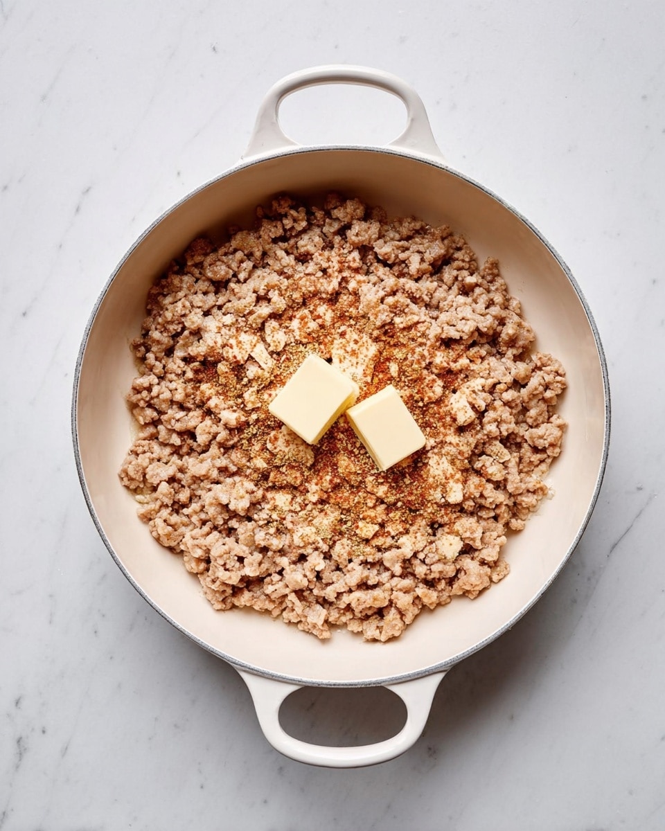A white pan with two handles holds cooked ground meat that is light brown, spread evenly. On top of the meat, there are two small pale yellow squares of butter placed near the center, and some reddish seasoning scattered lightly around the meat. The pan sits on a white marbled surface. photo taken with an iphone --ar 4:5 --v 7