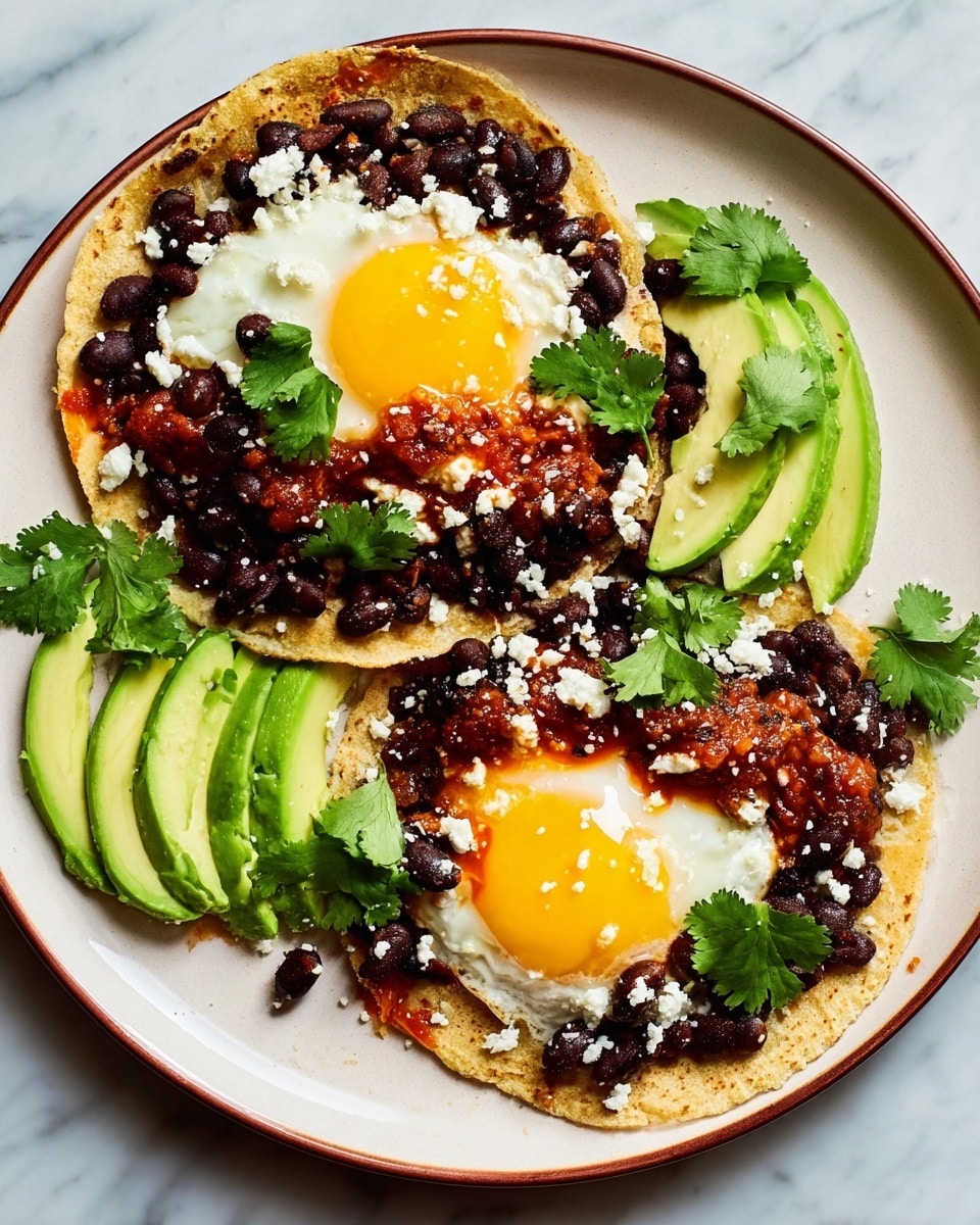 A white plate holds two folded soft tortillas as the base layer. On top of each tortilla, there is a fried egg with bright yellow yolks and slightly crispy white edges, positioned near the center. Surrounding the eggs are scattered black beans and a chunky red-brown chili mixture. Slices of fresh green avocado are placed on one side of the plate, and crumbled white cheese is sprinkled over everything. Fresh green cilantro leaves are scattered across the dish, and a drizzle of red hot sauce adds bright spots of color. The background is a white marbled texture. photo taken with an iphone --ar 4:5 --v 7