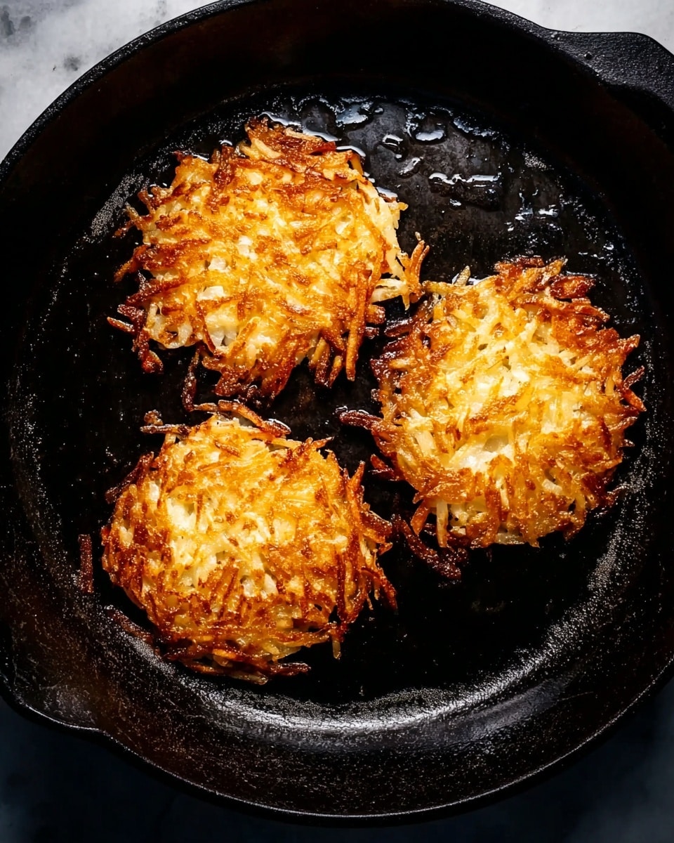 A close-up top view of three golden brown hash brown patties frying in a black cast iron pan filled with oil. The patties have a crispy, shredded texture and are arranged near the center of the pan with some space between them. The background surface has been changed to a white marbled texture. photo taken with an iphone --ar 4:5 --v 7