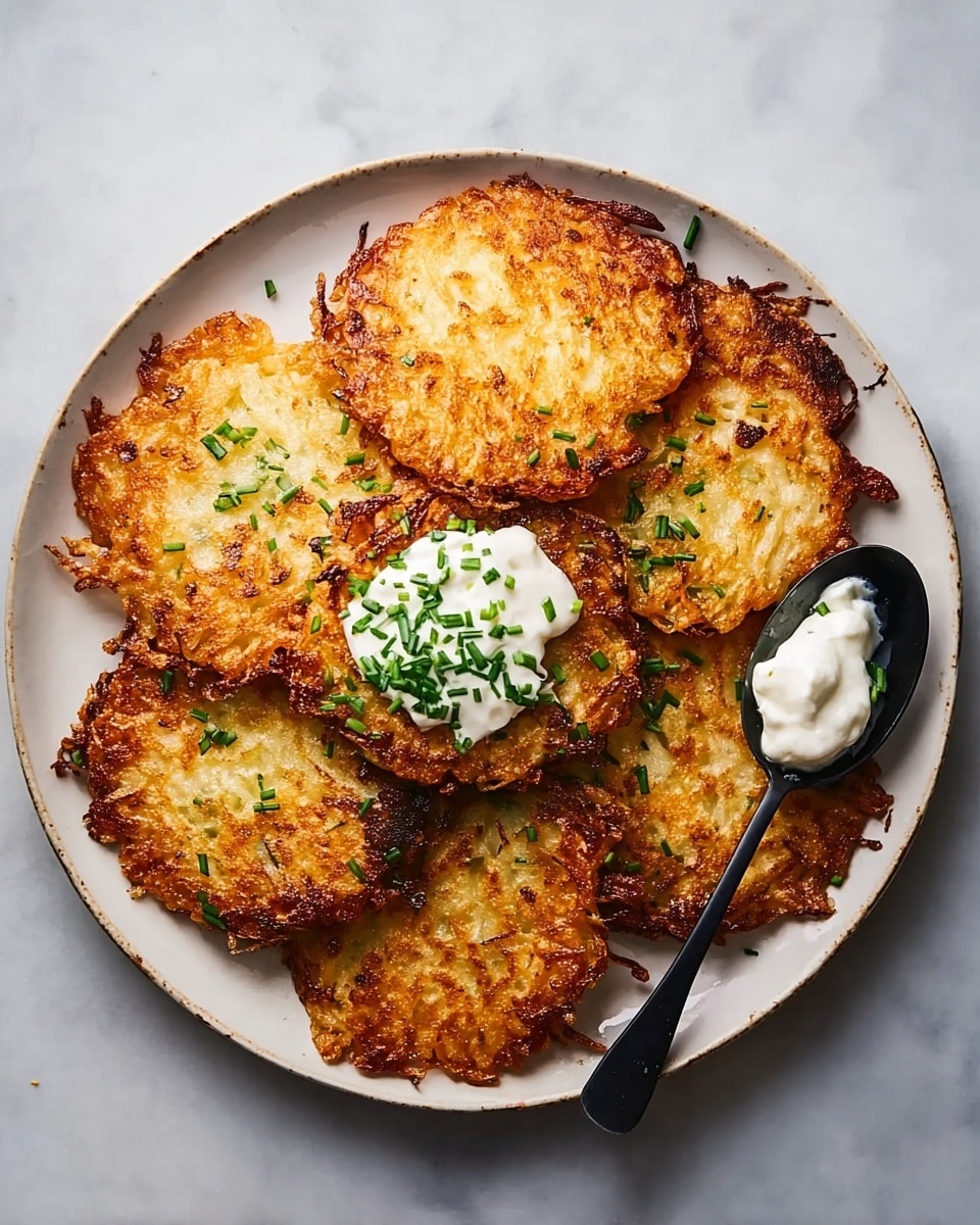 A white plate filled with eight golden-brown potato pancakes, each pancake crispy with uneven edges and fine shredded potato texture visible. The pancakes are stacked slightly overlapping in a loose circular arrangement. One pancake near the center has a dollop of white sour cream sprinkled with small green chopped chives. A black spoon on the right side holds more sour cream topped with chives. The surface beneath the plate is a white marbled texture. Photo taken with an iphone --ar 4:5 --v 7