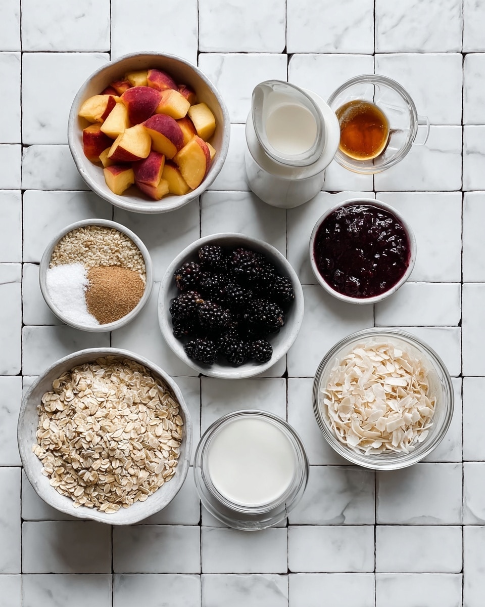 A clear glass jar on a white marbled surface holds two layers: the bottom layer is soaked oats mixed with milk, showing a soft, creamy texture, while the top layer is dry rolled oats, light brown and rough in texture. Fresh milk is being poured into the jar from a clear jug above, creating a smooth white stream. Surrounding the jar are bowls with blackberries, sliced peaches, and a pale beige topping, all placed on the white marbled surface with a plain white wall in the background. Photo taken with an iphone --ar 4:5 --v 7