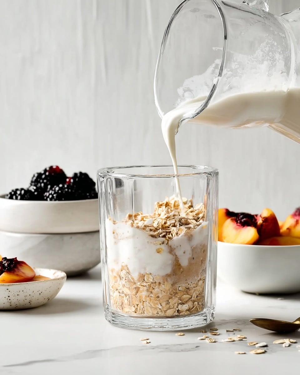 Three glass jars filled with creamy oat mixtures sit on a white marbled surface with scattered oat flakes and blackberries around them. The left jar shows a light beige base mixed with dark purple blackberries, topped with more blackberries and some oat flakes. The middle jar features layers of creamy oats mixed with deep purple berries, topped with blackberries and oat flakes. The right jar contains a light beige oatmeal mixed with small peach slices inside, topped with cubed peach pieces on top. The background is plain white. Photo taken with an iphone --ar 4:5 --v 7