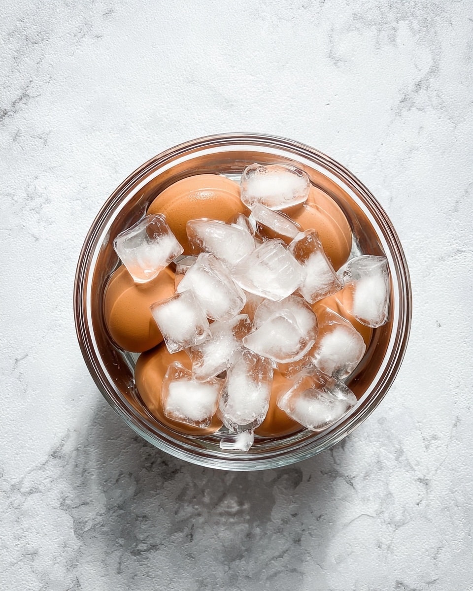 A clear round glass bowl filled with brown eggs and water, topped with many irregular white ice cubes floating on the surface. The bowl sits on a white marbled surface, and the scene is lit well from above, showing the wet and cold texture of the ice and eggs. photo taken with an iphone --ar 4:5 --v 7