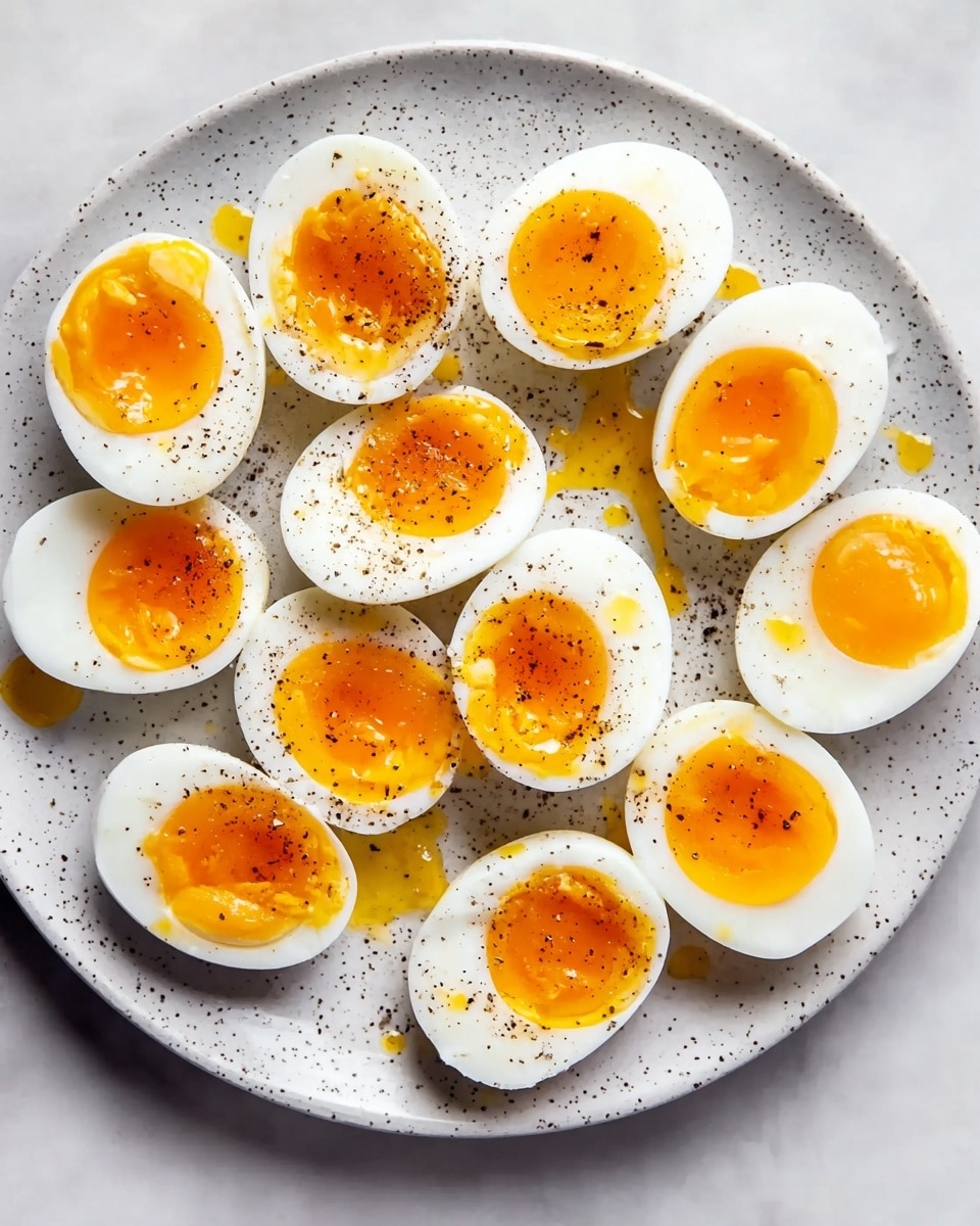 A round white plate with speckles holds eleven halved soft-boiled eggs arranged in a loose circular pattern. Each egg half shows a bright orange yolk with a slightly shiny, soft texture, surrounded by smooth, firm white egg whites. The yolks have small droplets of oil or melted butter that add a glossy look. Black pepper is sprinkled evenly over all the egg halves, adding small dark specks that contrast with the bright yolk and white. The plate sits on a white marbled surface. photo taken with an iphone --ar 4:5 --v 7