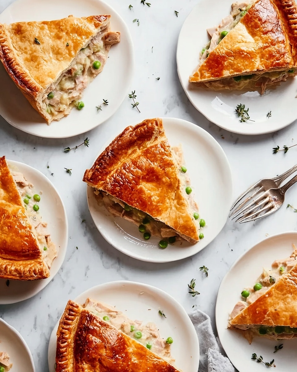 The image shows six white plates on a white marbled surface, each with a triangular slice of golden brown pie. The pie has two layers of crust with a shiny, slightly crispy top crust and a creamy filling that is light beige with bits of green peas and small pieces of orange carrots visible inside. One slice is partially eaten with a silver fork resting on the plate, and small bits of crust are scattered around. A small sprig of green herbs, possibly thyme, garnishes some slices. The overall scene is neat and appetizing with a warm and fresh look. photo taken with an iphone --ar 4:5 --v 7