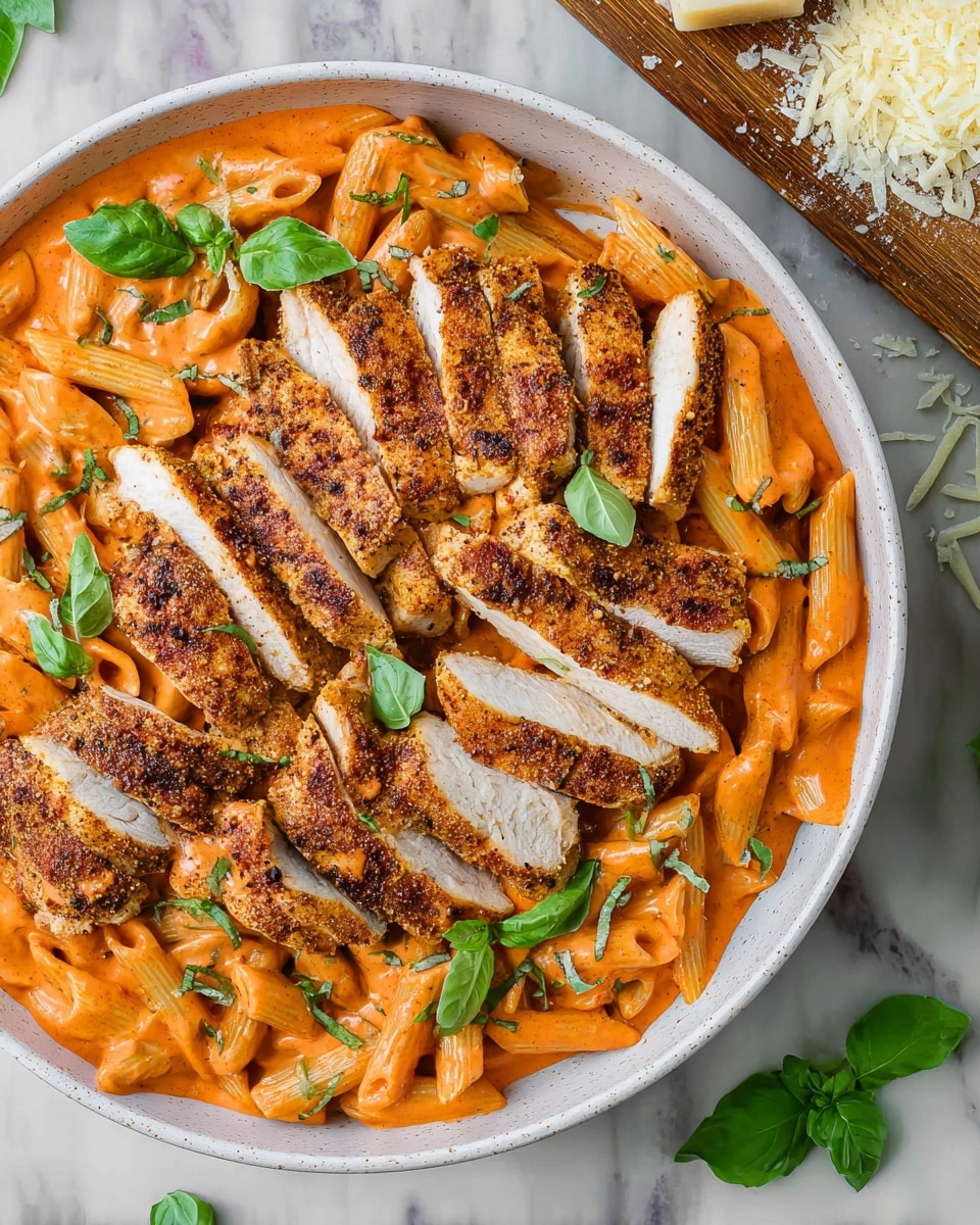 A white bowl holds a creamy orange pasta sauce coating penne pasta as the bottom layer, giving a smooth and rich texture. On top, there are several slices of grilled chicken with a golden-brown color and visible seasonings that add specks of dark spices. Bright green basil strips are scattered over both the chicken and pasta, adding a fresh touch. The bowl sits on a white marbled surface with a blurry wooden board and white shredded cheese in the background. photo taken with an iphone --ar 4:5 --v 7