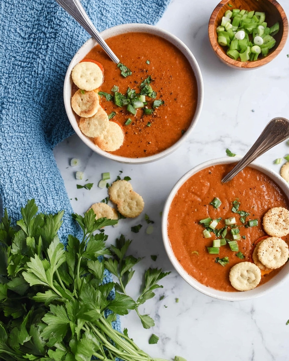 A white bowl filled three-fourths with thick tomato soup, reddish-orange in color with a smooth but slightly textured surface, garnished with green chopped parsley and some finely ground black pepper flakes scattered on top. The left side of the soup is topped with several small round white crackers, some stacked and some lying flat, and chopped green onions that add a fresh green contrast. A silver spoon rests in the bowl on the right side, partially immersed in the soup. The bowl sits on a white marbled surface with visible veins, and in the background, there is a white bowl filled with more white crackers. photo taken with an iphone --ar 4:5 --v 7