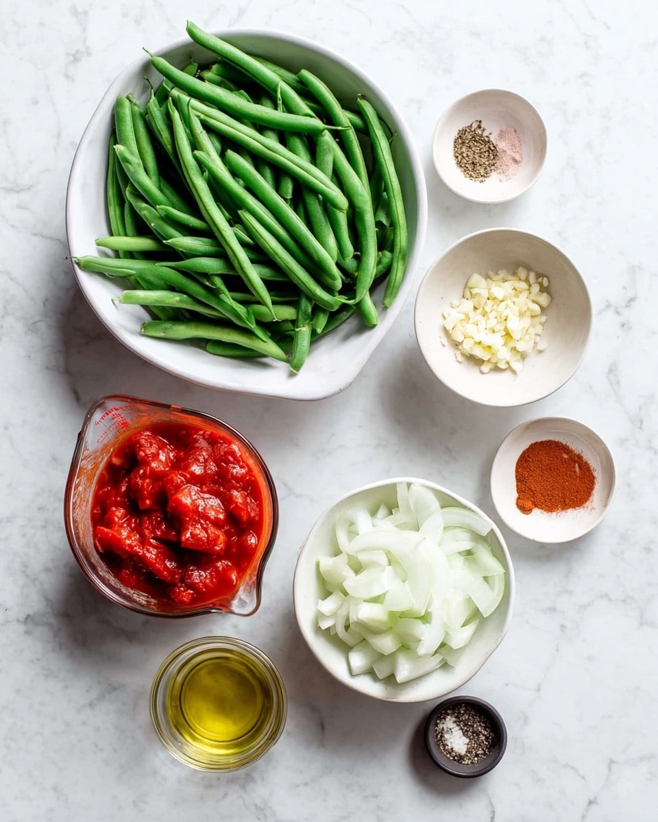 A top view of seven containers with fresh cooking ingredients on a white marbled texture. The largest container on the top left is a white bowl filled with long, bright green fresh green beans. To the right, there is a small white bowl with finely chopped garlic. Below the garlic, there is a tiny white bowl containing light brown and reddish powder spices sitting side by side. Next to it on the right, there is a white bowl of sliced, translucent white onions. Below these, a clear measuring cup holds chunky, rich red tomatoes in a sauce. To the right of the tomatoes, a small clear glass cup has golden olive oil. At the bottom right, a tiny round dark bowl contains pink salt and black pepper. photo taken with an iphone --ar 4:5 --v 7
