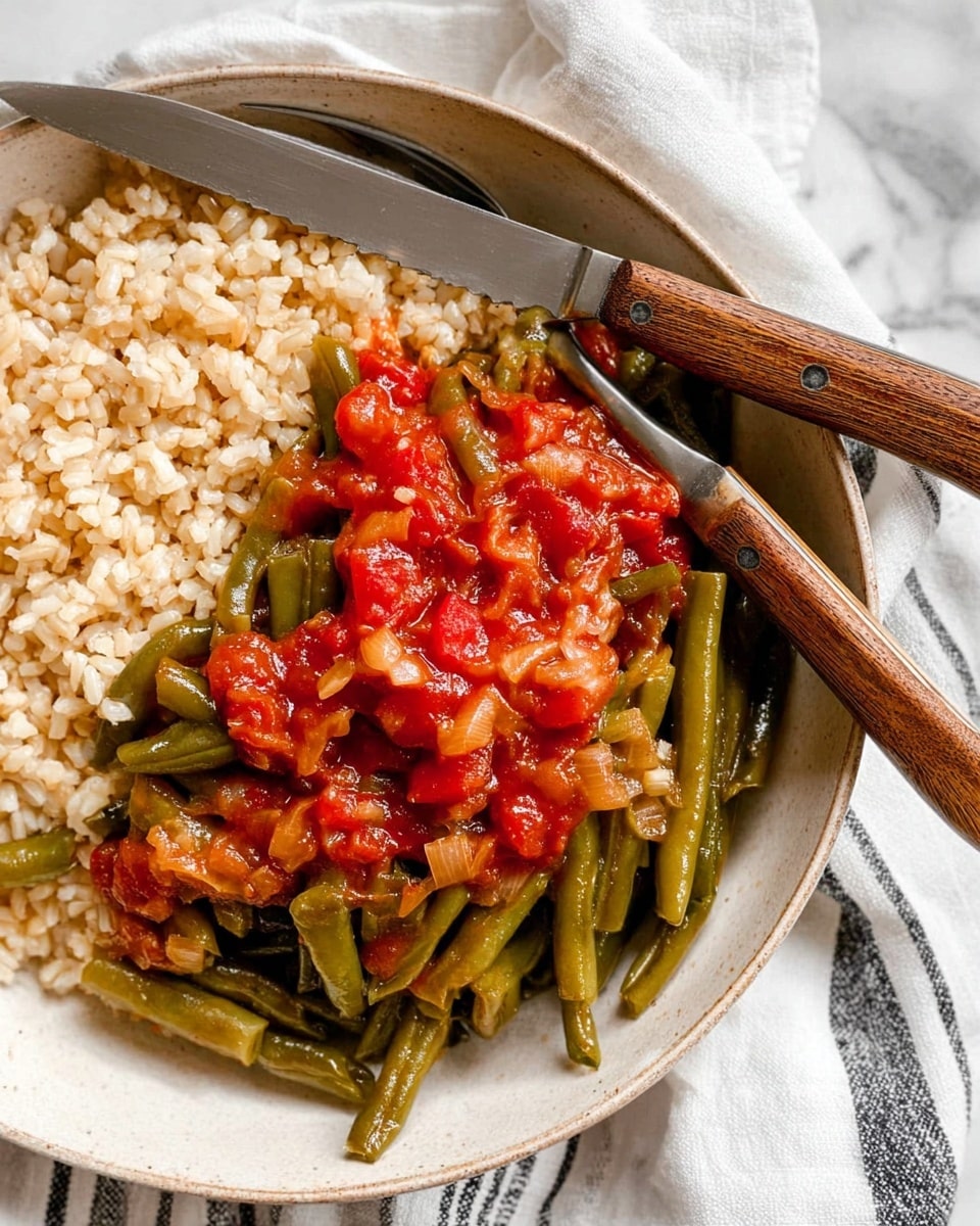 The dish is served in a white bowl with two main layers. The bottom layer is light brown cooked rice with a soft, slightly grainy texture spread evenly across the bowl. On top, there is a thick layer of green beans with some pieces showing a slight shine from cooking oil. Scattered among the beans are chunks of red tomatoes and bits of lightly cooked onion, adding vibrant red and pale colors to the green. The overall look is fresh and hearty, set on a white marbled surface. Photo taken with an iphone --ar 4:5 --v 7