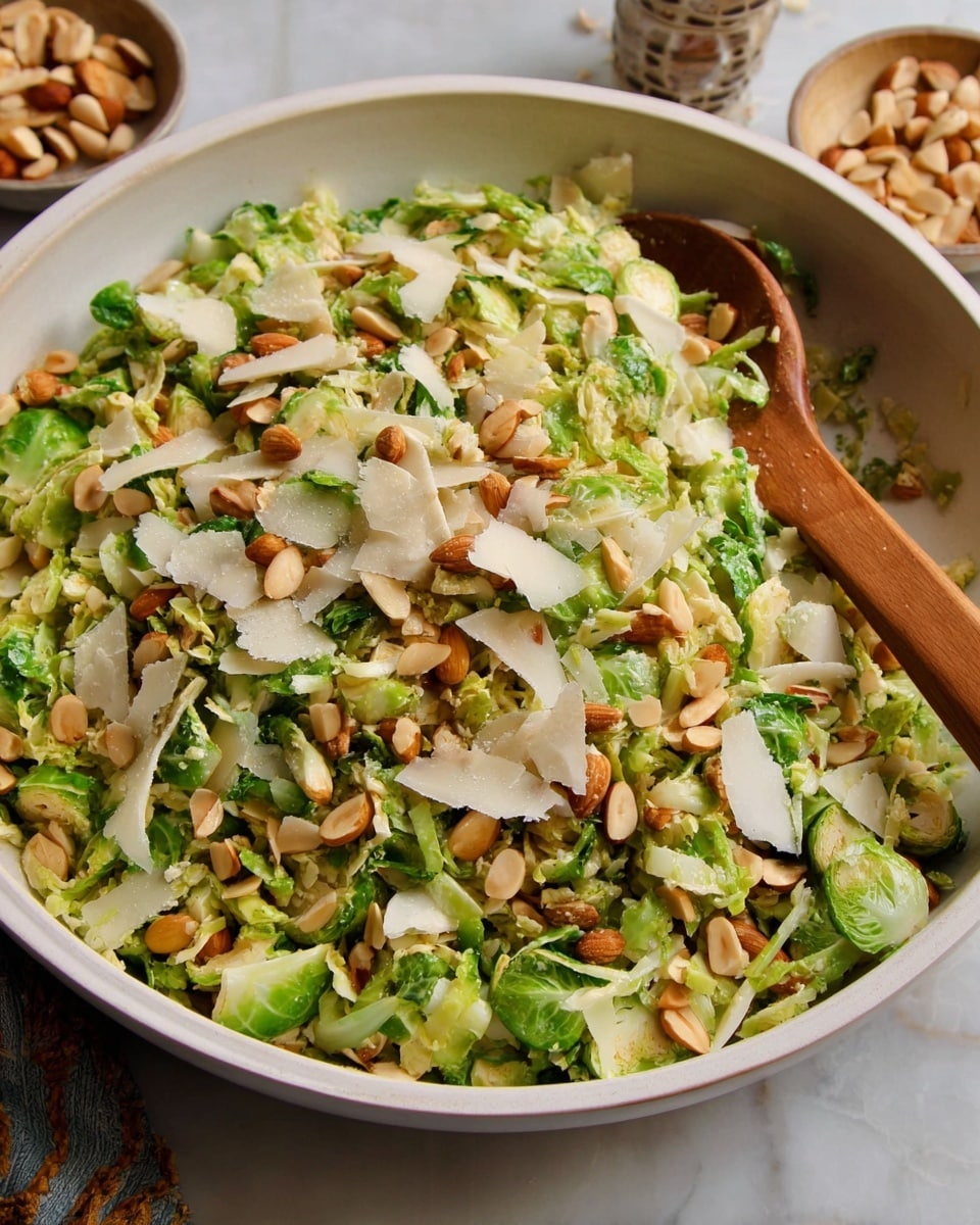 A bowl filled with a mixed salad showing mostly small green pieces of shredded Brussels sprouts as the base layer spread evenly. Scattered on top are light brown toasted pine nuts and thin, light beige almond slices adding crunch. Thin white cheese shavings are spread across the salad, giving texture contrast. The ingredients look fresh with a mix of smooth and rough textures. The bowl is white with a wooden spoon partly visible stirring the salad. The whole setup sits on a white marbled surface with a soft background hinting at small bowls of nuts. Photo taken with an iphone --ar 4:5 --v 7