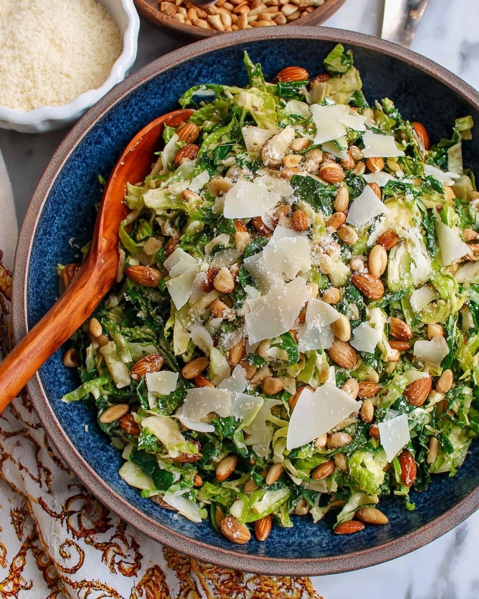 A large white bowl filled with a shredded green vegetable base, with many small, thin slices making a rough texture. Scattered throughout are thin pale tan almond slices and small round light brown pine nuts. On top, flat, thin white cheese shavings with rough edges add a different texture. The bowl rests on a white marbled surface with a patterned cloth underneath. A wooden spoon is partially visible on the left side, mixing the salad. Photo taken with an iphone --ar 4:5 --v 7