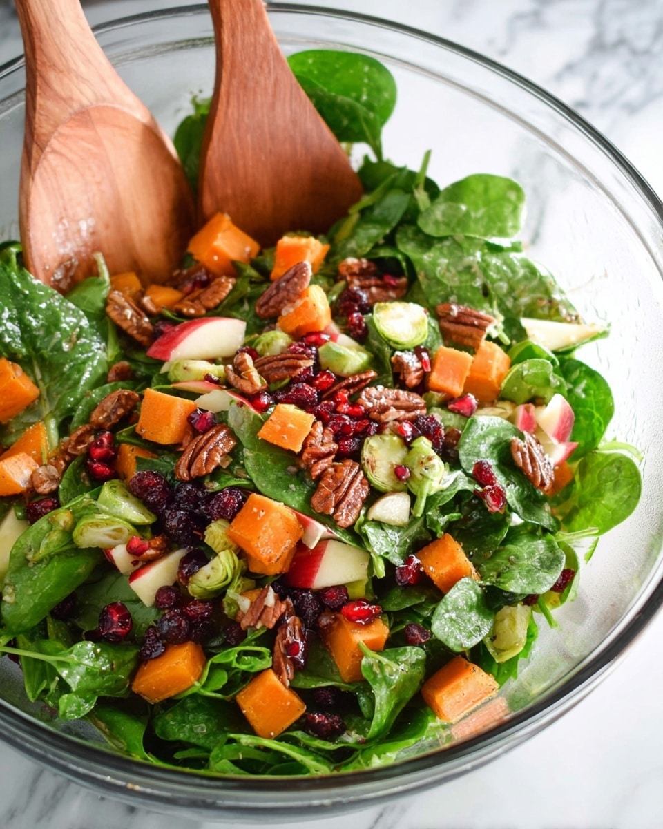 A white bowl filled with a colorful salad featuring three main layers: the base is dark green kale and spinach leaves with a fresh, leafy texture, the middle layer includes small chunks of bright orange roasted squash and deep red beetroot cubes, and scattered throughout are pale red apple pieces and small brown pecans. The salad is topped with white crumbles of cheese and a light drizzle of creamy yellow dressing, all placed on a white marbled surface with a blue patterned cloth nearby. photo taken with an iphone --ar 4:5 --v 7