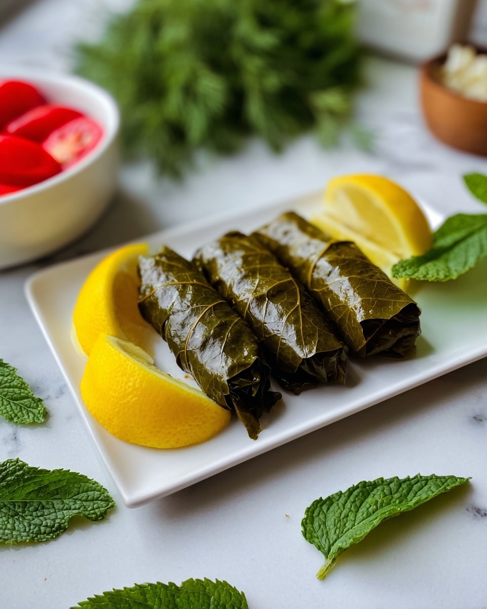 A white plate holds a small wrapped bundle made of shiny dark green grape leaves with visible veins, folded over to form a triangular shape. Inside the bundle, some white rice grains peek out slightly from the sides. There are a few scattered grains of white rice on the plate near the bundle. The plate sits on a white marbled surface. photo taken with an iphone --ar 4:5 --v 7
