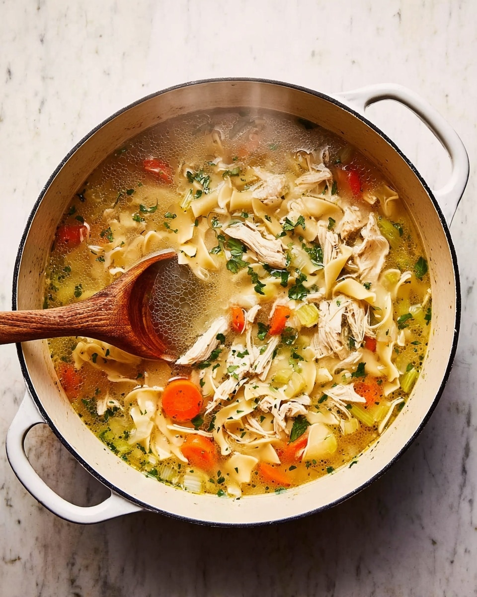 The image shows a close-up of a pot filled with chicken noodle soup. The soup has wide, flat egg noodles with a light yellow color floating on the surface and throughout the broth. There are pieces of white chicken meat mixed with sliced orange carrots and green celery pieces scattered evenly around. A wooden spoon rests in the pot, partially submerged, stirring the soup. Large dark brown bay leaves float on top of the light golden broth, and small bits of chopped green herbs are sprinkled throughout. The pot is round with a dark brown edge, sitting on a white marbled surface. Photo taken with an iphone --ar 4:5 --v 7