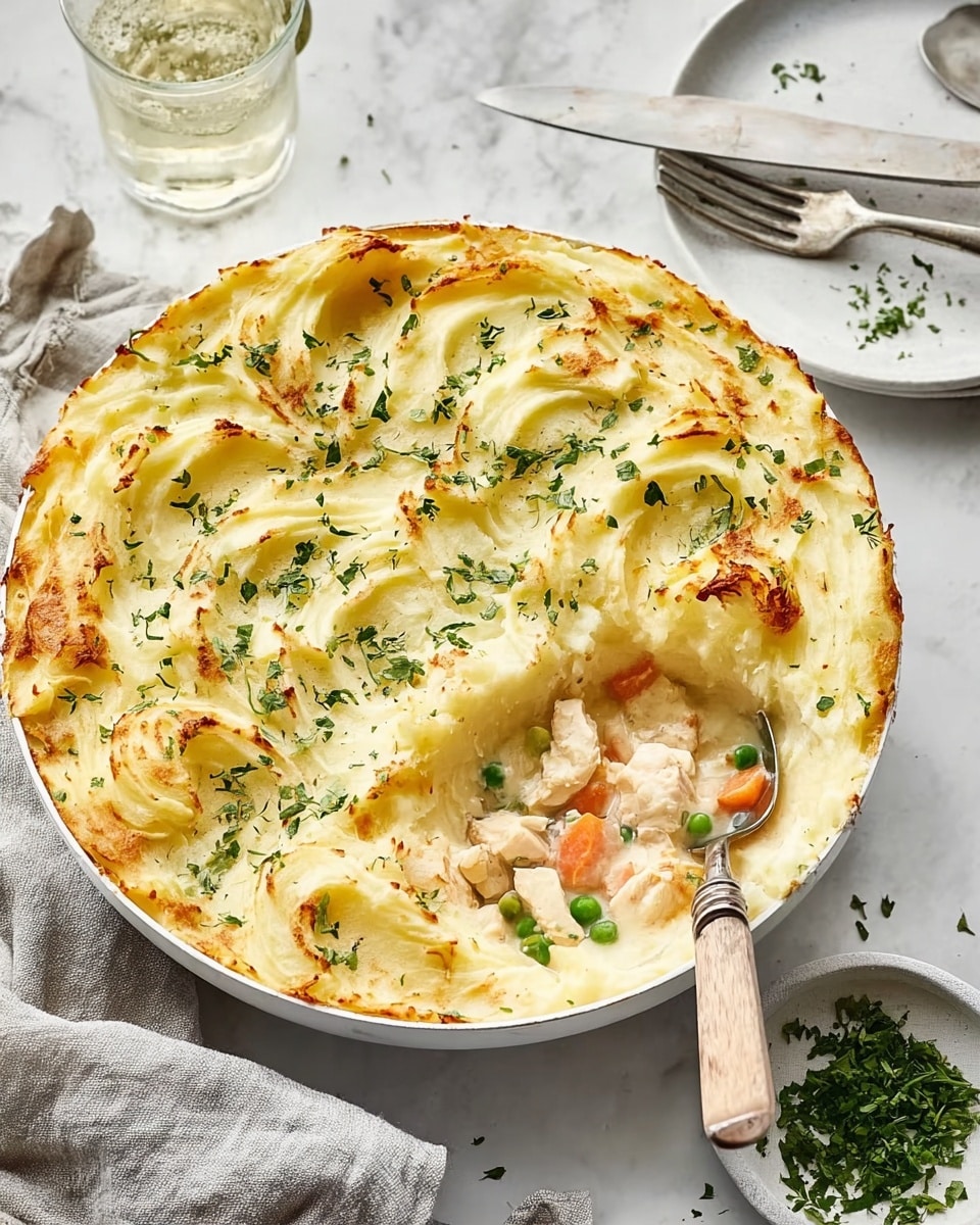 The dish is a round white casserole filled with creamy mashed topping that is golden brown and swirled in a wave pattern on top. The surface has small green herb sprinkles scattered evenly. A section is scooped out, showing layers inside: chunks of white meat, orange carrot pieces, and green peas in a creamy light sauce. A silver spoon with a wooden handle rests inside the dish. The casserole sits on a white marbled surface with a folded gray cloth nearby, plus a small white plate holding a knife and fork. In the background, there is a transparent glass with a light drink and a small dish with chopped green herbs. photo taken with an iphone --ar 4:5 --v 7
