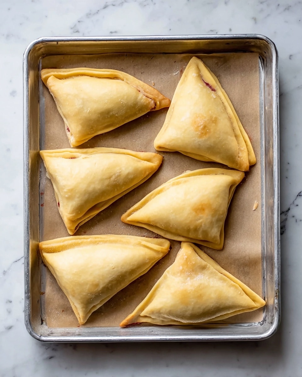The image shows a metal baking tray lined with light brown baking paper, holding five triangular pastries. Each pastry has two dough layers folded over a reddish filling, with edges pressed together to seal. The dough is light golden and smooth, with slightly rounded corners and gentle creases where it folds. The pastries are arranged in a loose circle on the tray, which sits on a white marbled surface. photo taken with an iphone --ar 4:5 --v 7