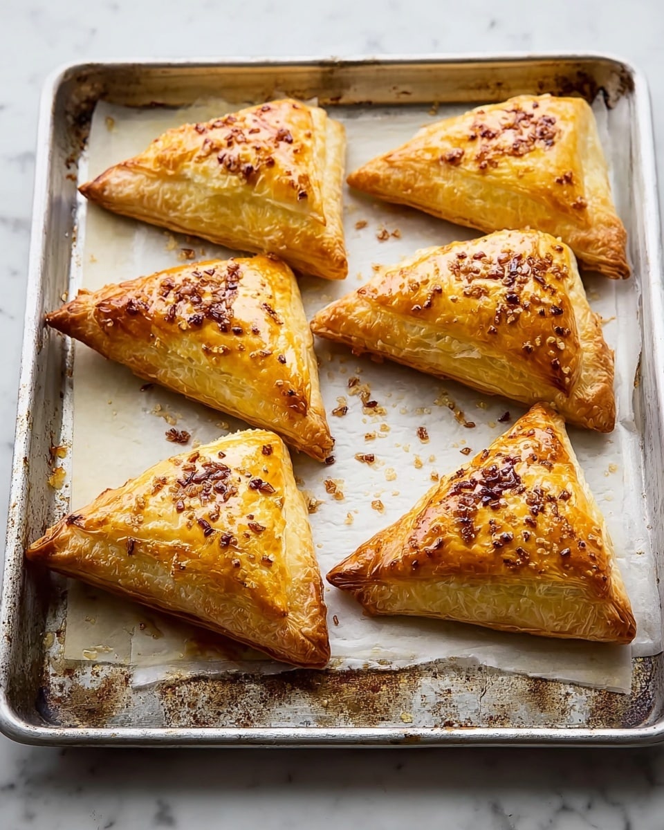 Five golden brown triangular pastries are arranged on a round white plate. Each pastry shows flaky layers with a shiny, slightly crisp surface decorated with small bits of toasted onion and scattered coarse salt. The pastries have a light, puffed texture with visible air pockets and are placed close together in a slightly overlapping pattern. The plate sits on a white marbled surface. photo taken with an iphone --ar 4:5 --v 7