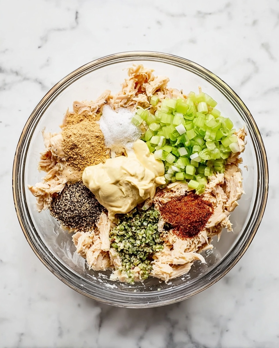 A clear glass bowl sits on a white marbled surface, filled with several layers of ingredients ready to be mixed. The base layer is light beige shredded chicken around the edges. On top of this, there are small piles of light green chopped celery on the upper right and dark green chopped scallions on the lower right. At the center, there are several small mounds: creamy off-white mayonnaise and pale yellow mustard side by side, with small heaps of dark brown spice, light brown crumbs, black pepper, and a pinch of white salt in a row forming a colorful circle. The textures vary between soft mayonnaise, crunchy celery, and fine spices. Photo taken with an iphone --ar 4:5 --v 7