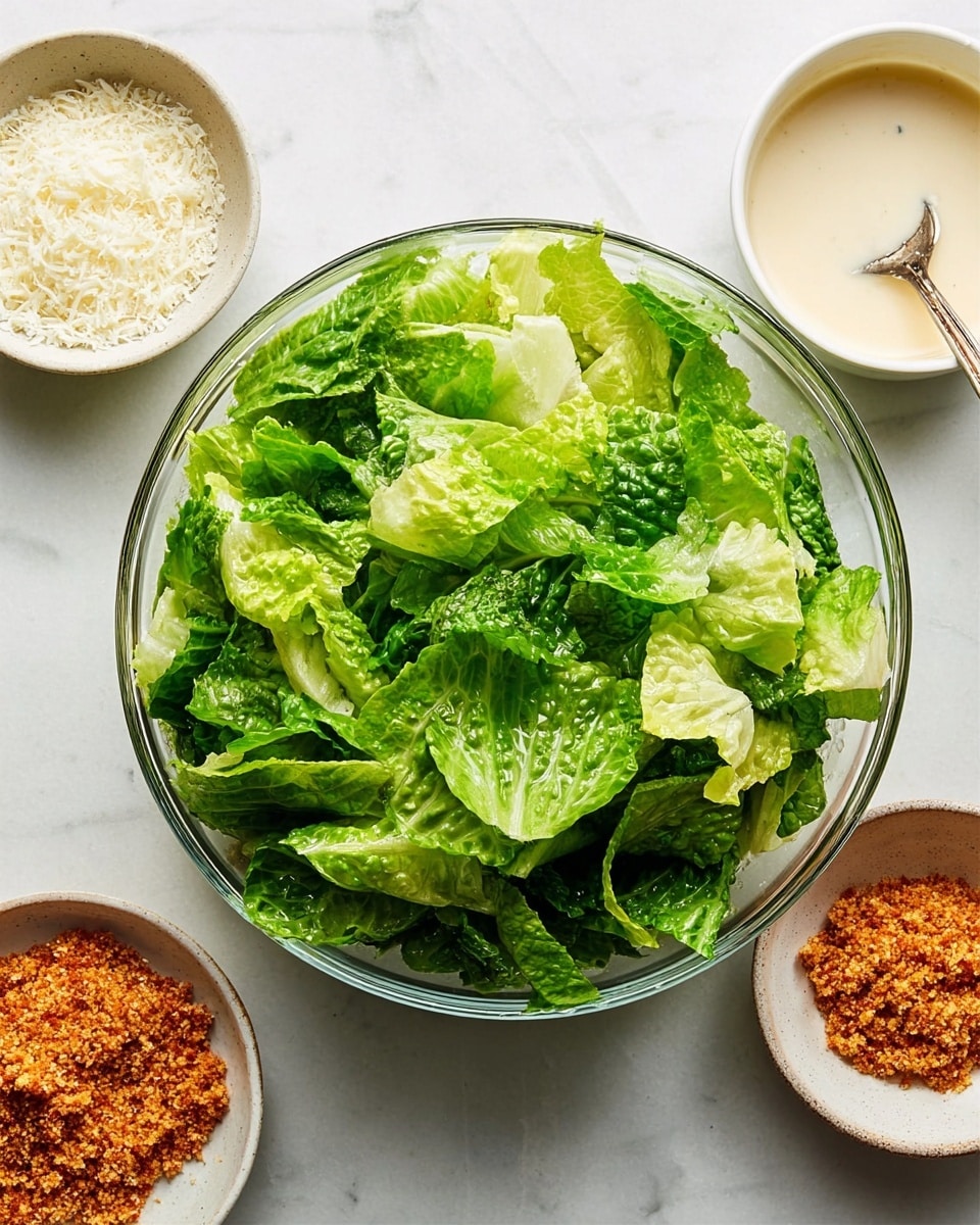 A clear glass bowl filled with bright green lettuce leaves, showing different shades of green and a fresh, crisp texture, placed on a white marbled surface. On the top right side, there is a small white bowl with a creamy light dressing and a spoon inside. To the far right, another small white bowl holds a reddish-orange crumbly topping. On the left side, there is a small white bowl with finely grated cheese, all arranged neatly on the white marbled surface. Photo taken with an iphone --ar 4:5 --v 7