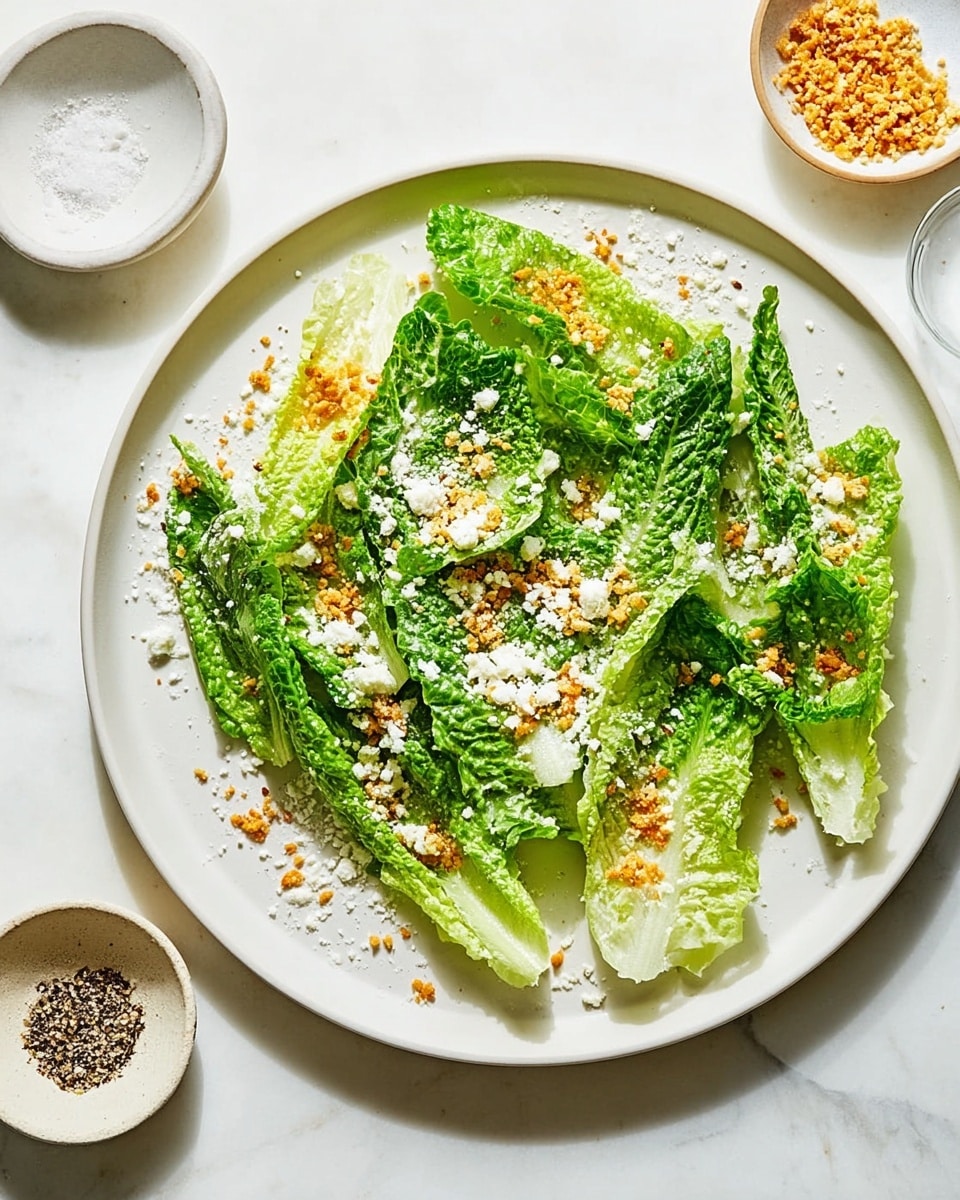 A white plate holds a simple salad with large green romaine lettuce leaves spread out in one layer. The lettuce is bright and fresh, with a slight shine from a creamy light-colored dressing drizzled unevenly on top. There are small pieces of golden brown crispy bits sprinkled across the salad along with some fine white grated cheese covering parts of the leaves. The background is a white marbled surface, and the lighting highlights the freshness and textures of the lettuce and toppings. photo taken with an iphone --ar 4:5 --v 7