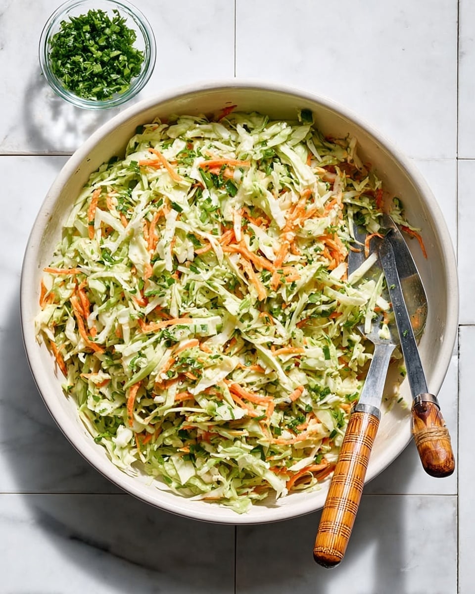 A large white bowl is filled with a fresh green coleslaw made of shredded cabbage and small thin strips of orange carrots mixed with finely chopped dark green herbs, all tossed evenly together. A curved wooden-handled utensil rests inside the bowl, partially buried in the salad, with its shiny metal blade visible. The bowl sits on a white marbled surface that contrasts with the bright, crisp colors of the coleslaw, creating a fresh, healthy look. Photo taken with an iphone --ar 4:5 --v 7
