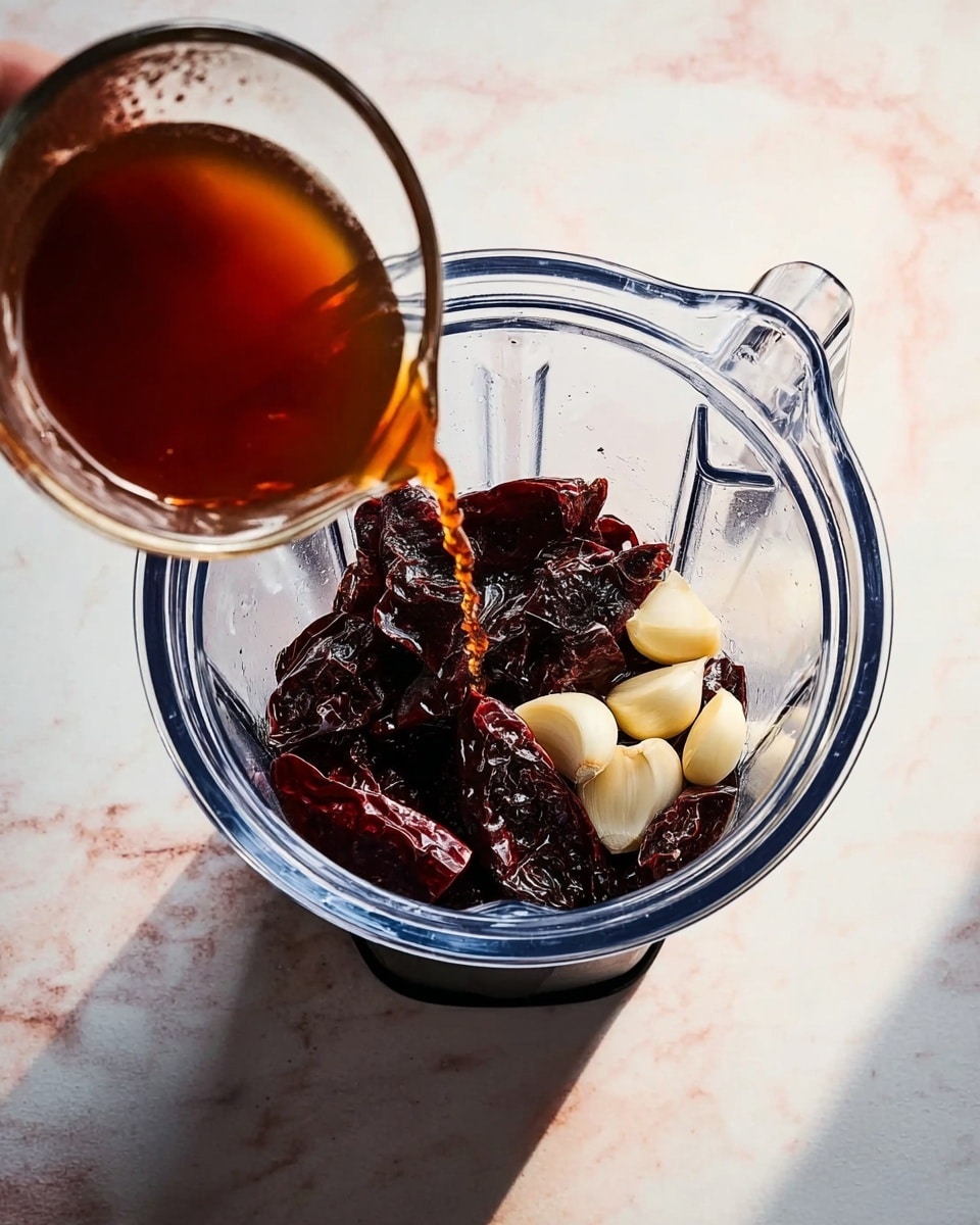 A clear blender container sits on a white marbled surface, filled with large, dark red dried chili peppers and several whole garlic cloves scattered on top. A woman's hand pours a rich, dark amber liquid into the blender from a small clear glass, the liquid starting to pool around the chili peppers and garlic. The scene is lit with soft, natural light highlighting the shiny texture of the peppers and the smooth surface of the garlic cloves. photo taken with an iphone --ar 4:5 --v 7