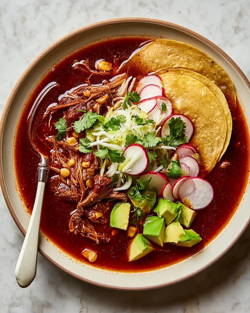 A white bowl filled with dark red broth surrounding shredded meat and small white corn pieces, with two folded light yellow tortillas placed slightly open in the center. On top of the tortillas, there are thin white cabbage shreds and bright green cilantro leaves scattered around. Around the cabbage and cilantro, thinly sliced round radishes with red edges and pale centers, along with three chunks of fresh green avocado, are arranged. A spoon with a white handle rests on the left side of the bowl, and the bowl sits on a white marbled surface. Photo taken with an iphone --ar 4:5 --v 7