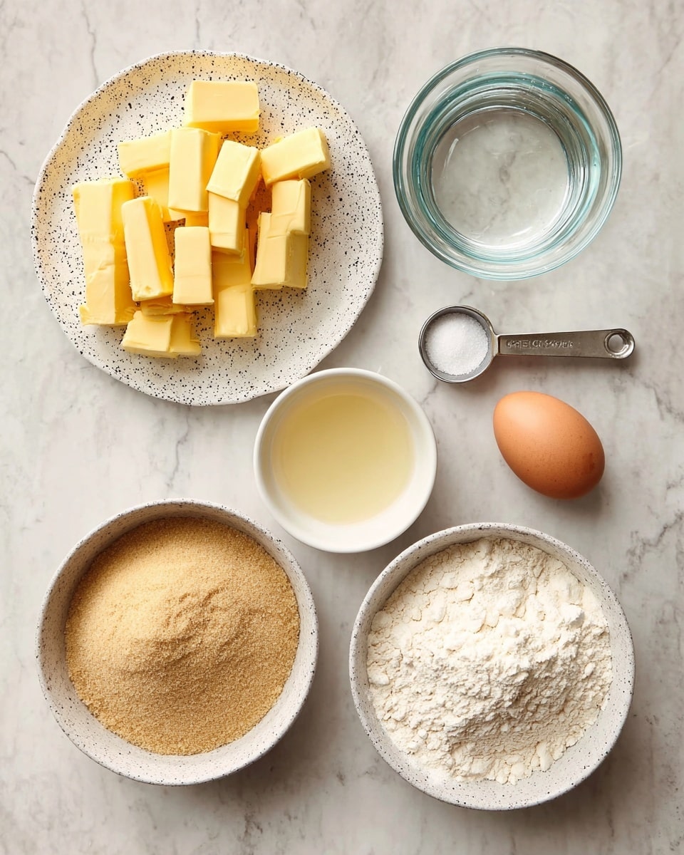 A top view of baking ingredients arranged on a white marbled surface, including a white speckled plate with multiple small rectangular blocks of yellow butter stacked loosely in the top left, a clear glass bowl with water in the top center, a small white bowl containing a pale yellow liquid beneath it, a white speckled bowl filled with light brown sugar to the left, a white speckled bowl full of white flour in the bottom right, a single brown egg placed between the sugar and flour bowls, and a metal measuring spoon with a pinch of salt near the top right. All items are spaced evenly in a neat, organized layout. photo taken with an iphone --ar 4:5 --v 7