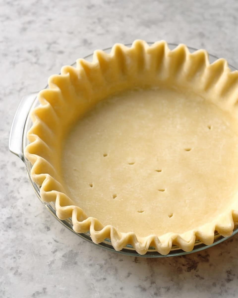A clear glass pie dish filled with pale yellow pie dough pressed evenly along the bottom and sides, with a fluted edge around the rim forming soft, rounded folds. The dough has small, evenly spaced fork holes across its bottom surface. The dish is placed on a white marbled surface. photo taken with an iphone --ar 4:5 --v 7