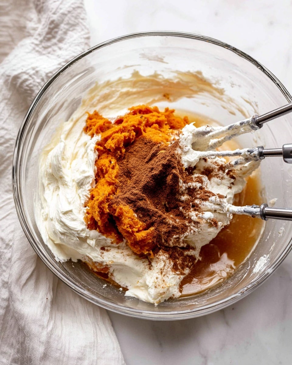A clear glass bowl sits on a white marbled surface, filled with three visible layers of ingredients: a creamy white layer of soft cream cheese or whipped cream spread around the sides, a bright orange mashed pumpkin layer piled in the middle, and a pile of brown cinnamon sprinkled on top of the pumpkin. There is a pool of light brown syrup or vanilla extract at the bottom mixing into the pumpkin and cream cheese. Two metal beaters are partially inserted into the ingredients, with some of the creamy white spread stuck to the beaters. Part of a white cloth napkin is partially seen at the bottom left corner. Photo taken with an iphone --ar 4:5 --v 7