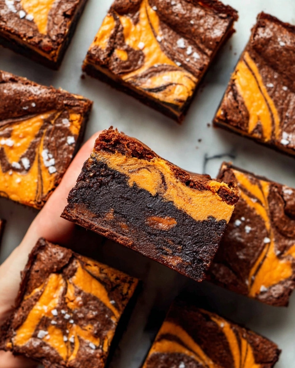 The image shows several square brownies with a dark chocolate base and bright orange swirls on top, arranged on a white marbled surface. One brownie is held up by a woman's hand and is shown from the side, revealing two layers: a thick, dense dark chocolate bottom layer and a smooth, creamy orange middle layer. The tops of the brownies have a cracked texture with some flakes of white salt sprinkled across them, adding contrast. The orange swirls on the top layer are blended into the dark chocolate in a curved, marbled pattern. Photo taken with an iphone --ar 4:5 --v 7