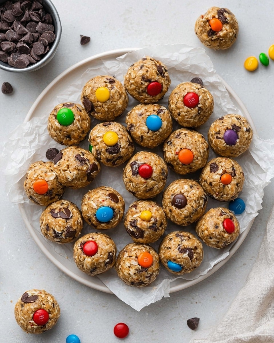 There is a round white plate covered with crinkled white parchment paper holding 20 small round energy balls made of oats, chocolate chips, and colorful candy pieces in red, orange, yellow, green, blue, and purple. The balls are light brown with visible oats and chocolate chips mixed evenly. They are arranged in a cluster filling most of the plate. Some small chocolate chips and colorful candies are scattered on the white marbled surface around the plate. A small metal cup filled with dark chocolate chips is placed partially visible in the top left corner. Photo taken with an iphone --ar 4:5 --v 7