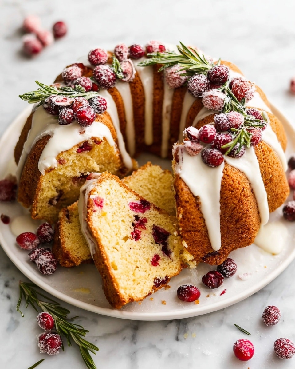 A round bundt cake sits on a white plate on a white marbled surface, drizzled with white icing that flows unevenly over the golden-brown cake. The cake is cut into several thick slices showing a soft, light interior speckled with bright red cranberry pieces. The top of the cake is decorated with frosted cranberries and small green rosemary sprigs, adding a festive touch. Some frosted cranberries and rosemary sprigs are scattered around the plate and on the surface nearby. The scene is brightly lit, highlighting the textures and colors of the cake. Photo taken with an iphone --ar 4:5 --v 7