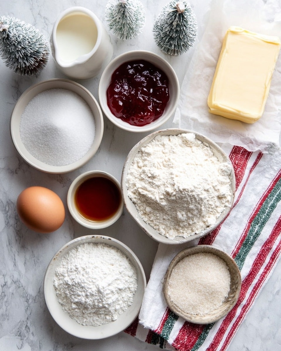 The image shows several ingredients neatly arranged on a white marbled surface. There is a bowl full of white flour placed on a kitchen towel with red and green stripes on the lower right. Above the flour, a rectangular piece of butter is partially unwrapped and resting on its paper. A small bowl with dark red jam is positioned near the top center. Nearby is a small bowl containing a liquid with a brown color, likely vanilla extract. In the middle left, an egg sits on the surface beside a bowl filled with white granulated sugar. Next to the sugar bowl, a shallow dish holds a mix of white powders, possibly baking soda and salt. There is also a bowl with white milk in the top left corner. Two small decorative trees with white snow-like tips are on the top right and bottom left corners, adding a festive touch. The photo was taken with an iphone --ar 4:5 --v 7