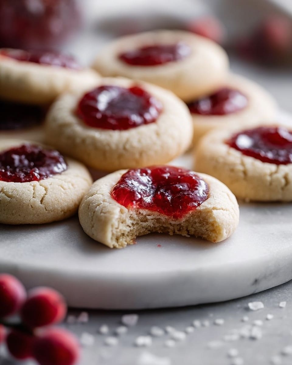 A close-up view of round thumbprint cookies arranged on a white marble plate. Each cookie has a light beige base with a slightly rough texture and a well in the center filled with glossy, deep red jam. One cookie in the front has a bite taken out of it, revealing a soft, crumbly inside. The plate rests on a white marbled surface with scattered small salt crystals nearby. In the foreground, out-of-focus red berries add color contrasts. Photo taken with an iphone --ar 4:5 --v 7