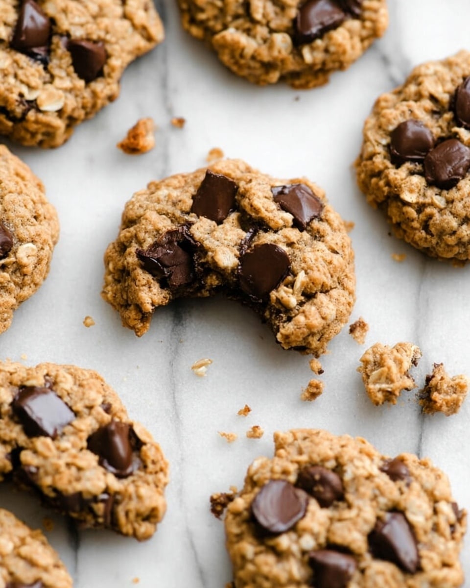 The image shows a close-up of soft oatmeal cookies with dark chocolate chips placed on white parchment paper over a white marbled surface. Each cookie is round with a rough texture, showing visible oats and a light brown dough base. The chocolate chips are large, shiny, and scattered on top of each cookie, with some slightly melted and others solid, creating a contrast of dark and light brown colors. There are a few loose chocolate chips on the parchment paper near the cookies, and part of a white dish holding more chocolate chips is visible on the left side. The overall setting highlights the homemade, chunky look of the treats with natural lighting. photo taken with an iphone --ar 4:5 --v 7