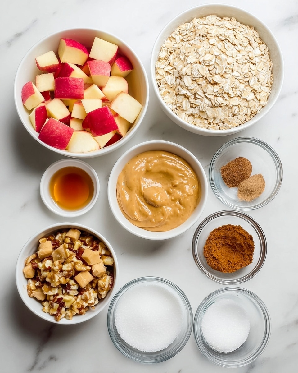 The image shows a white marbled surface with several white bowls and clear glass bowls arranged neatly. The largest bowl, at the bottom left, is filled with small cubes of red-skinned apples. To its right is a small white bowl with amber liquid, likely syrup. Above that is a large white bowl filled with rolled oats, showing a dry, flaky texture with a pale beige color. To the left of the oats bowl is a medium-sized white bowl of smooth, light brown peanut butter. Above it is a clear bowl filled with mixed chopped nuts in shades of brown and cream. Next to that is a small white bowl with white granulated sugar. Beside it is a small clear bowl containing brown cinnamon powder. Above and to the right is a clear bowl with white powdered sugar. Below it is another clear bowl with white coconut oil, looking soft and opaque. The arrangement is clean, organized, and brightly lit. Photo taken with an iphone --ar 4:5 --v 7