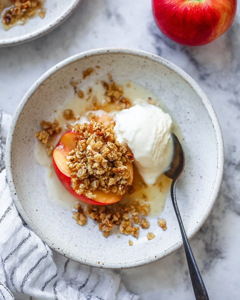 A white speckled shallow bowl holds a dessert with two main layers. The bottom layer is a half peach or apple, reddish and soft, acting as the base. On top of the fruit is a clump of golden-brown crisp crumble made of oats and small nut pieces, textured and rough. To the side of the fruit and crumble is a scoop of creamy white ice cream or whipped topping, slightly melting. A metal spoon with a dark handle rests in the bowl next to the dessert, with some crumble on it. There are small drizzles of light syrup around the dessert, all set on a white marbled surface. A bright red apple and a striped white and grey cloth are nearby. Photo taken with an iphone --ar 4:5 --v 7
