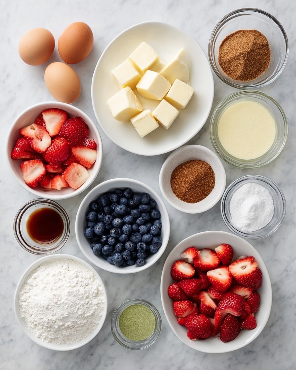 The image shows various ingredients arranged neatly on a white marbled surface. There are two eggs placed to the left, followed by a white plate in the center holding cubes of butter. Surrounding this plate are several white bowls containing chopped rhubarb, sliced strawberries, fresh blueberries, flour, powdered sugar, and granulated sugar. Smaller clear glass bowls hold brown sugar, vanilla extract, salt, cinnamon powder, and lemon juice. The colors range from the pale yellow of the butter to the red and green of the fruit, with a mix of white and beige from the dry ingredients, all set against the clean white marbled surface. Photo taken with an iphone --ar 4:5 --v 7