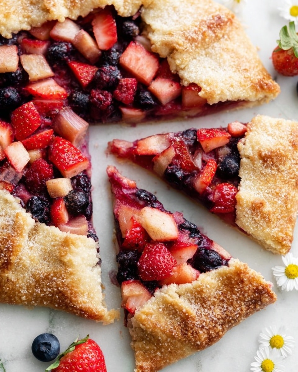 A rustic galette with a golden, flaky crust folded over the edges, revealing a colorful filling of sliced red strawberries, deep blue blueberries, and chopped pink rhubarb pieces that mix together in the center. The galette sits on white parchment paper on a white marbled surface, surrounded by whole strawberries, fresh blueberries, and small white daisy flowers scattered around. A white bowl filled with blueberries is placed nearby, with a golden knife resting on the right side. The textures show the crispy crust and juicy, fresh fruit inside. photo taken with an iphone --ar 4:5 --v 7