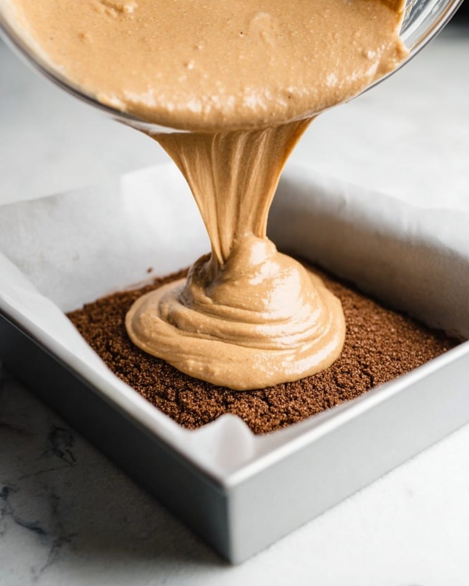 A thick, creamy light brown batter is being poured from a glass bowl in smooth, soft folds onto a single dark brown, crumbly base layer inside a white square baking dish lined with parchment paper. The base layer fills the bottom of the dish evenly and has a coarse texture, while the batter on top is lighter in color and has a smooth, airy texture. Everything is set on a white marbled surface, and a woman's hand holds the bowl from above, tilting it to pour the batter. photo taken with an iphone --ar 4:5 --v 7