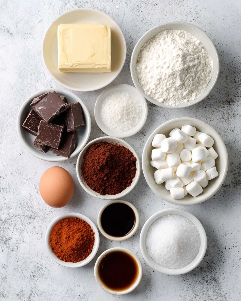 The image shows nine small white bowls and one brown egg on a white marbled surface. The top middle bowl has a pale yellow block of butter. Below it to the right is a bowl filled with white flour, and next to that is a bowl filled with dark brown cocoa powder. In the bottom left corner, a bowl holds chunks of dark chocolate pieces. Above that, a bowl contains small white marshmallows. To the right of the chocolate pieces is a bowl filled with white granulated sugar. Below the sugar bowl is a small bowl with dark brown vanilla extract. On the top left, a white bowl contains four small piles of powders: cinnamon, chili powder, baking powder, and powdered sugar, while a brown egg is to the left of this bowl. The surface looks clean and bright. photo taken with an iphone --ar 4:5 --v 7