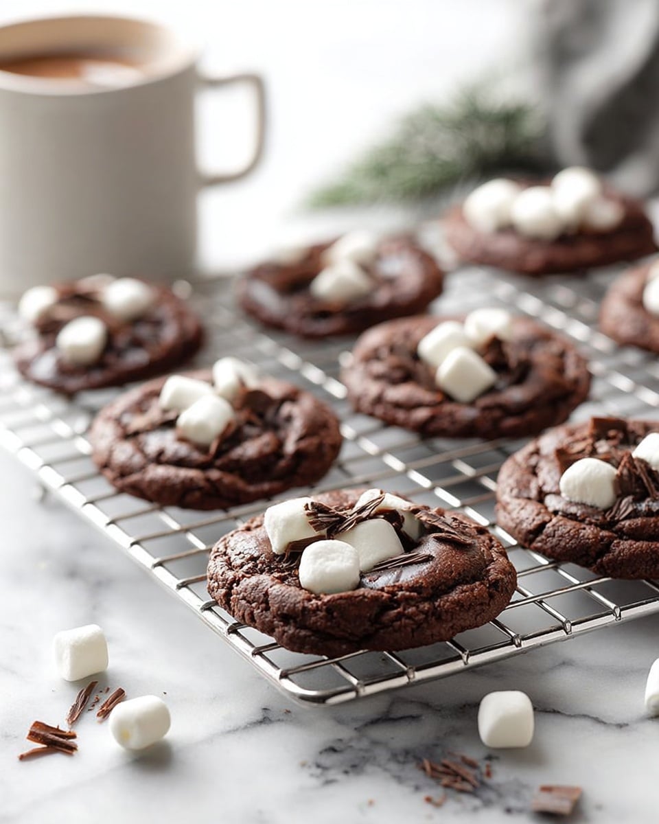 Round dark brown cookies with a soft texture sit on a silver wire cooling rack, each topped with small white marshmallows and curled dark chocolate pieces. The rack is placed on a white marbled surface with a white mug in the blurred background. Some extra marshmallows and curled chocolate pieces are scattered on the surface near the rack. Photo taken with an iphone --ar 4:5 --v 7
