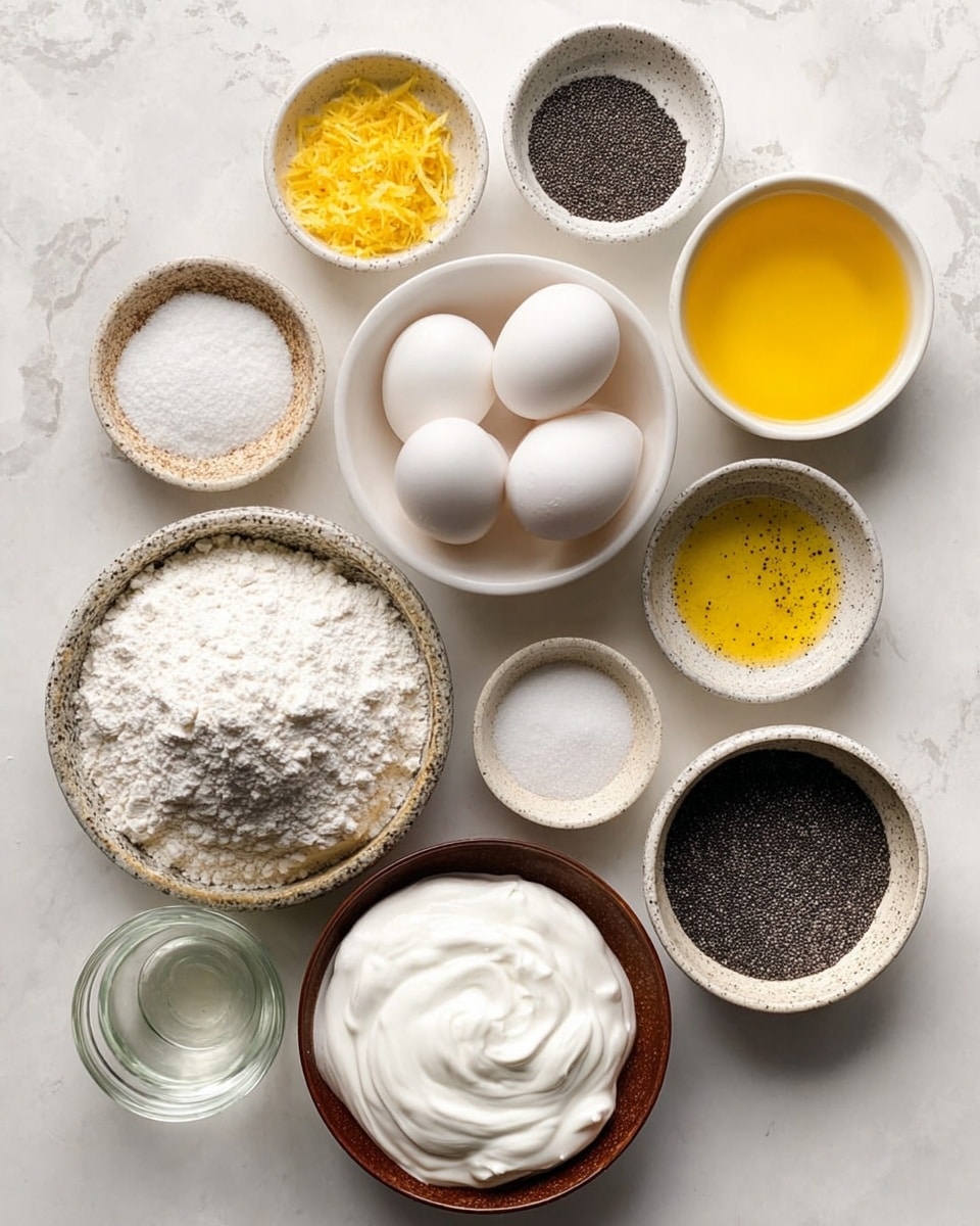 The image shows a top view of various baking ingredients arranged on a white marbled surface. There are three white eggs at the top center, surrounded by small bowls containing lemon zest, salt, powdered sugar, granulated sugar in a brown speckled bowl, lemon juice, vegetable oil, and black poppy seeds in a white bowl. A larger brown speckled bowl at the bottom left holds white flour. There is a bowl with white foamy whipped egg whites and a small glass bowl with vanilla extract. The ingredients are neatly placed in a loose cluster, with different textures like powder, granules, and liquid clearly visible. Photo taken with an iphone --ar 4:5 --v 7