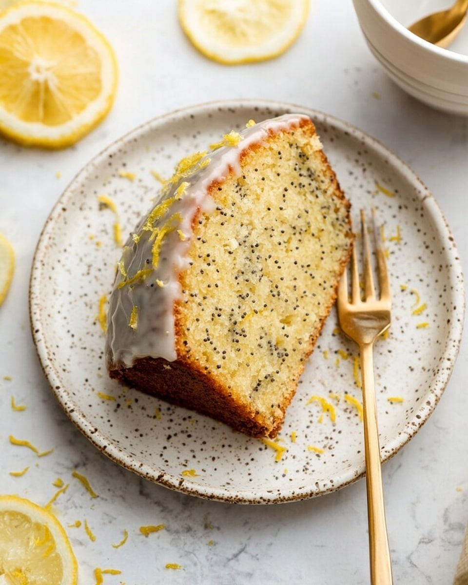 A loaf of poppy seed lemon cake with a soft, moist texture speckled with black poppy seeds in every slice. The top of the cake has a thin layer of shiny lemon glaze that drips slightly down the sides and onto the slices in front. Three thin lemon slices with bright yellow rinds and juicy centers rest on top of the cake. The cake is placed on a cooling rack set on a white marbled surface. In the foreground, there is a white bowl with some lemon glaze and a golden spoon inside. Photo taken with an iphone --ar 4:5 --v 7