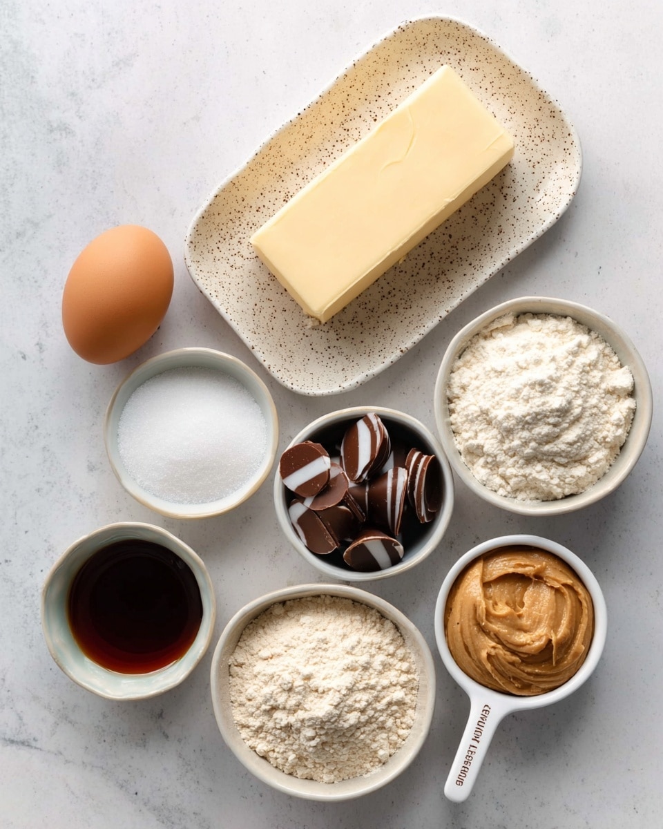 Several ingredients are laid out neatly on a white marbled surface: a white speckled plate holding a rectangular block of light yellow butter, a whole brown egg resting nearby, and small white bowls containing white salt, light brown brown sugar, dark brown and white striped chocolate drops, dark amber vanilla extract, granulated white sugar, white flour, and smooth light brown peanut butter in a white measuring cup. All the items are spaced evenly and presented clearly. photo taken with an iphone --ar 4:5 --v 7